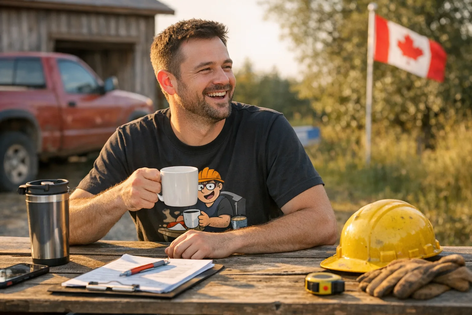 FunnyTees.ca editorial image for a Canadian funny t-shirt blog post. No readable text, no logos, no fake brand names, no