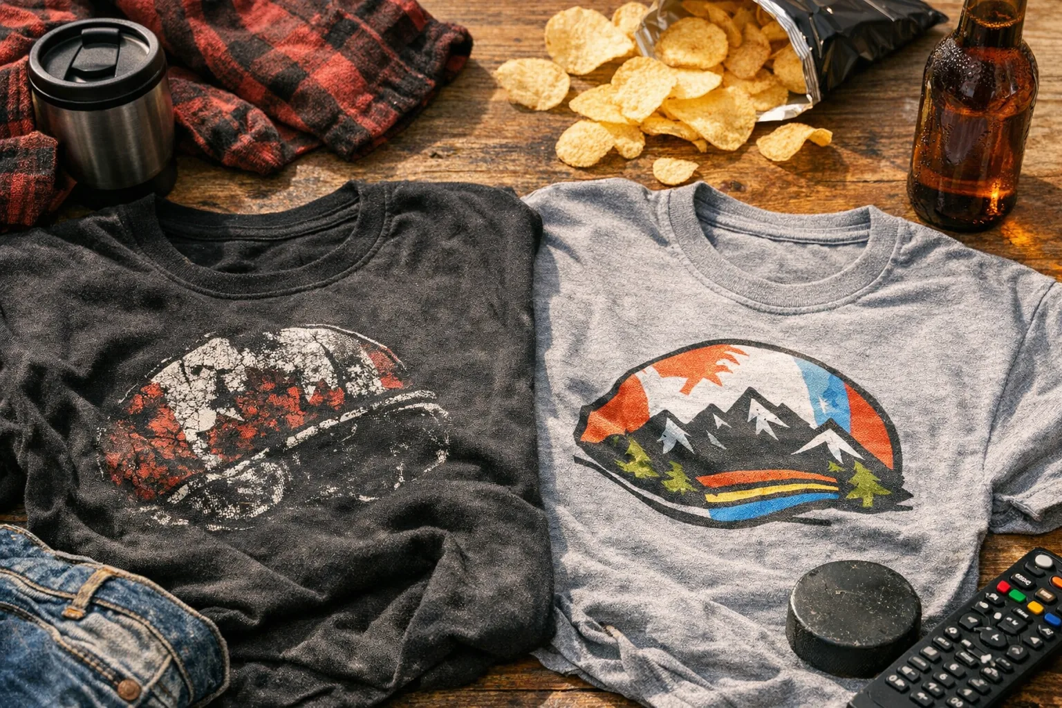 FunnyTees.ca editorial image for a Canadian funny t-shirt blog post. No readable text, no logos, no fake brand names, no