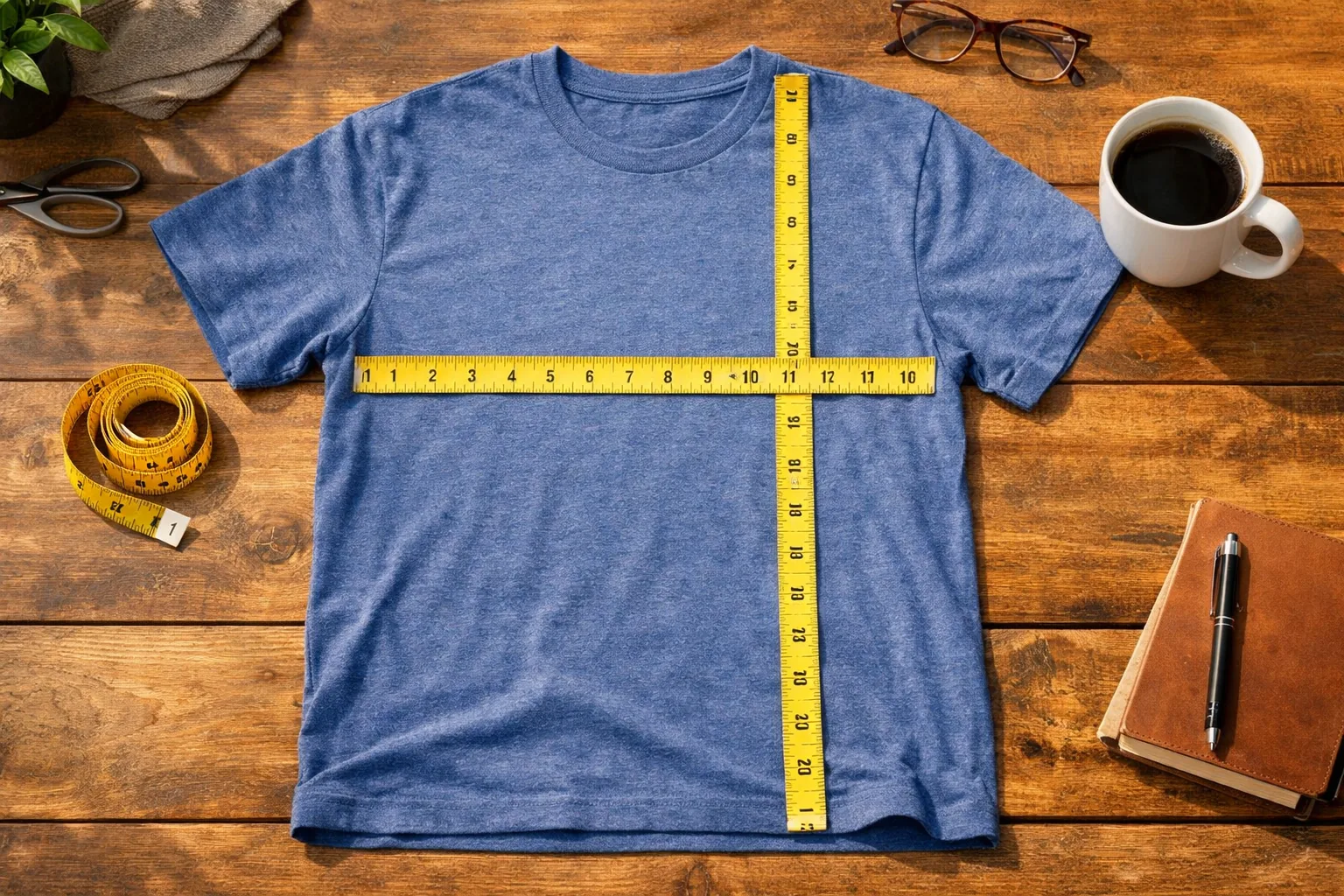 A flat-laid graphic t-shirt on a table beside a measuring tape and coffee mug, showing how to compare size before orderi
