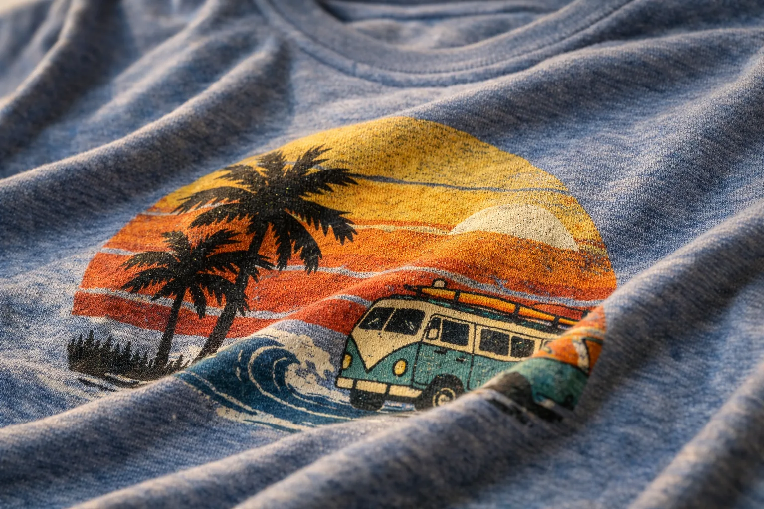 A close-up of soft heather t-shirt fabric with a printed graphic, emphasizing texture and comfort rather than just the d