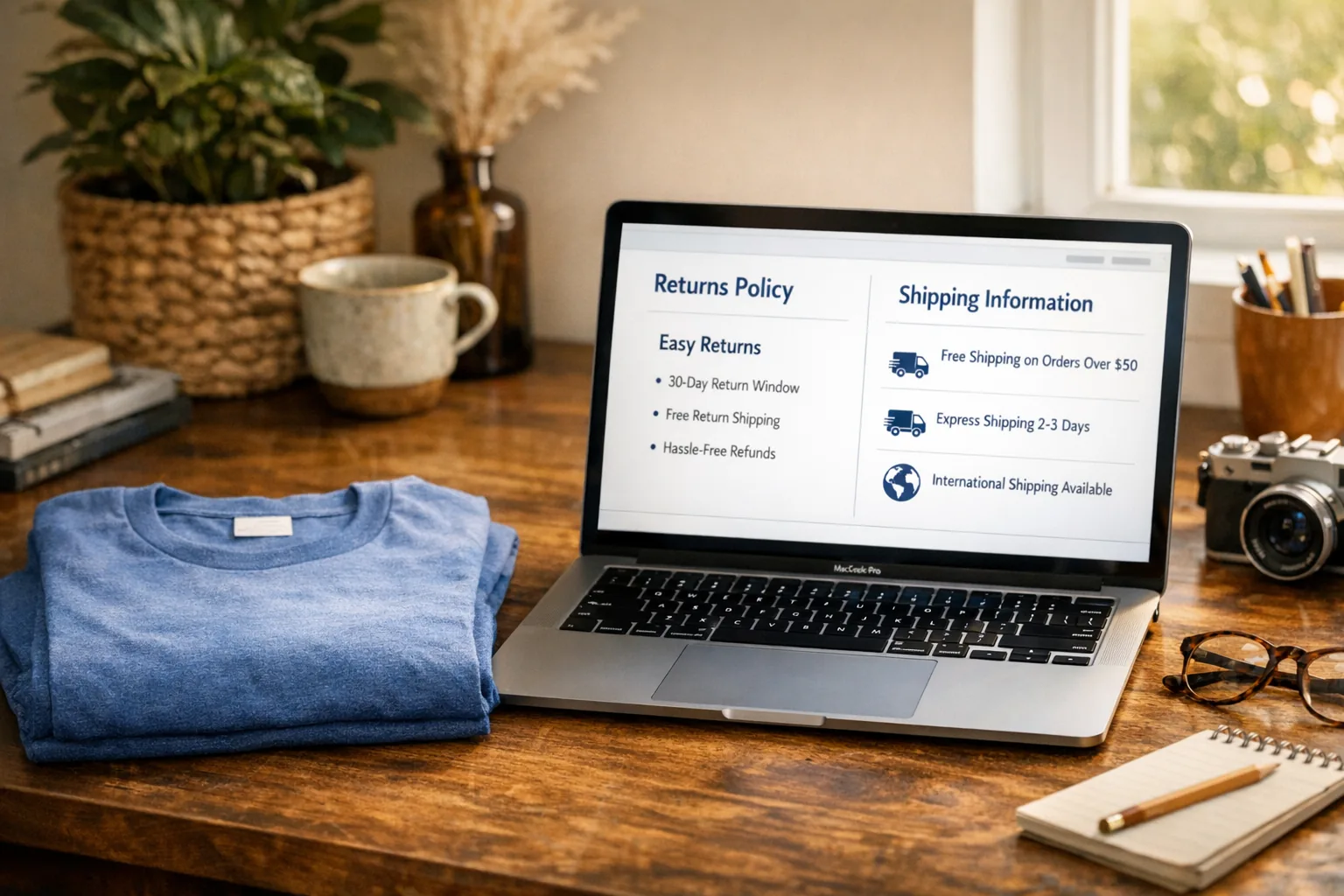 A laptop open to an online store’s returns and shipping pages beside a folded t-shirt, highlighting practical pre-purcha