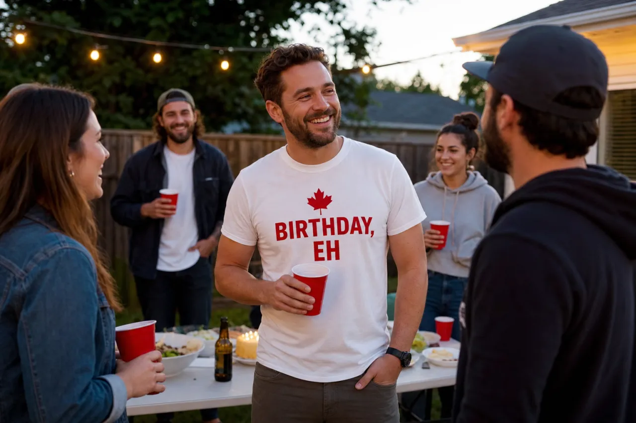 A smiling birthday guest in a funny slogan t-shirt opening a gift at a casual Canadian kitchen party with cake and paper