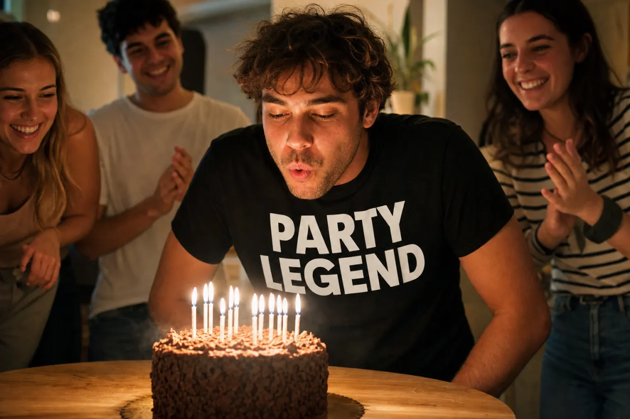 A birthday celebrant laughing while holding up a funny t-shirt in front of friends gathered around a table with cake and