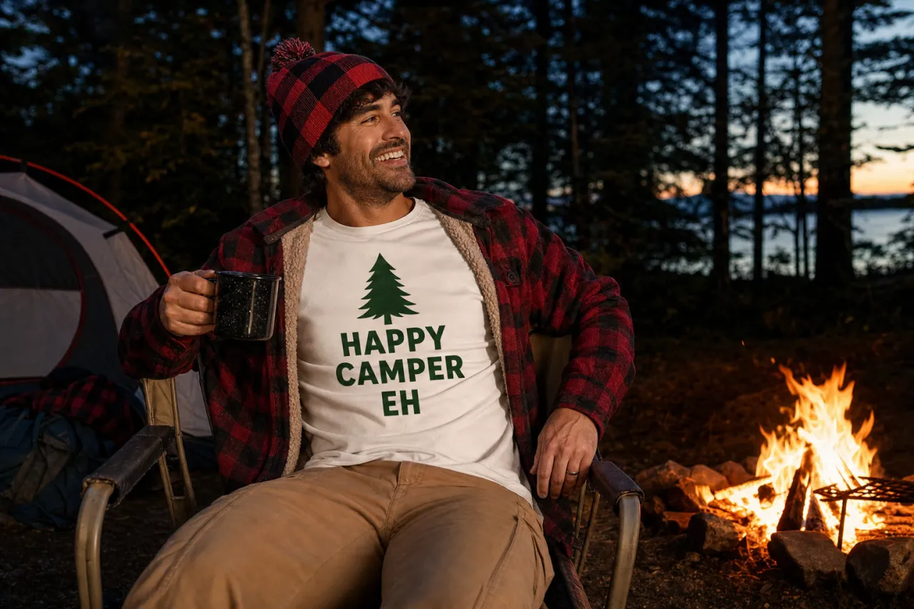 A tired but amused Canadian camper in a plaid shirt swats mosquitoes beside a smoky campfire at dusk.