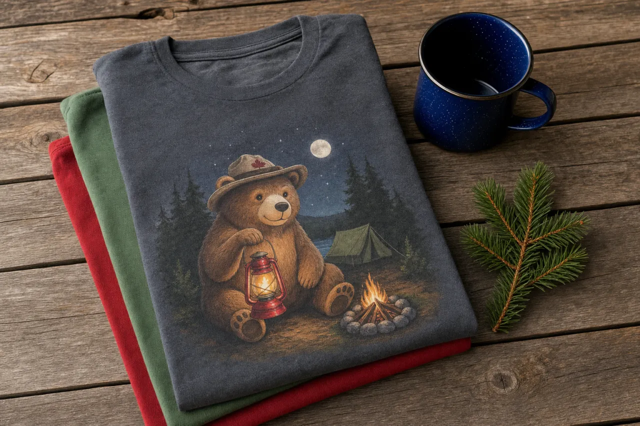 A smoky morning campsite with a coffee mug, rumpled sleeping bag, and a funny graphic tee draped over a folding chair.