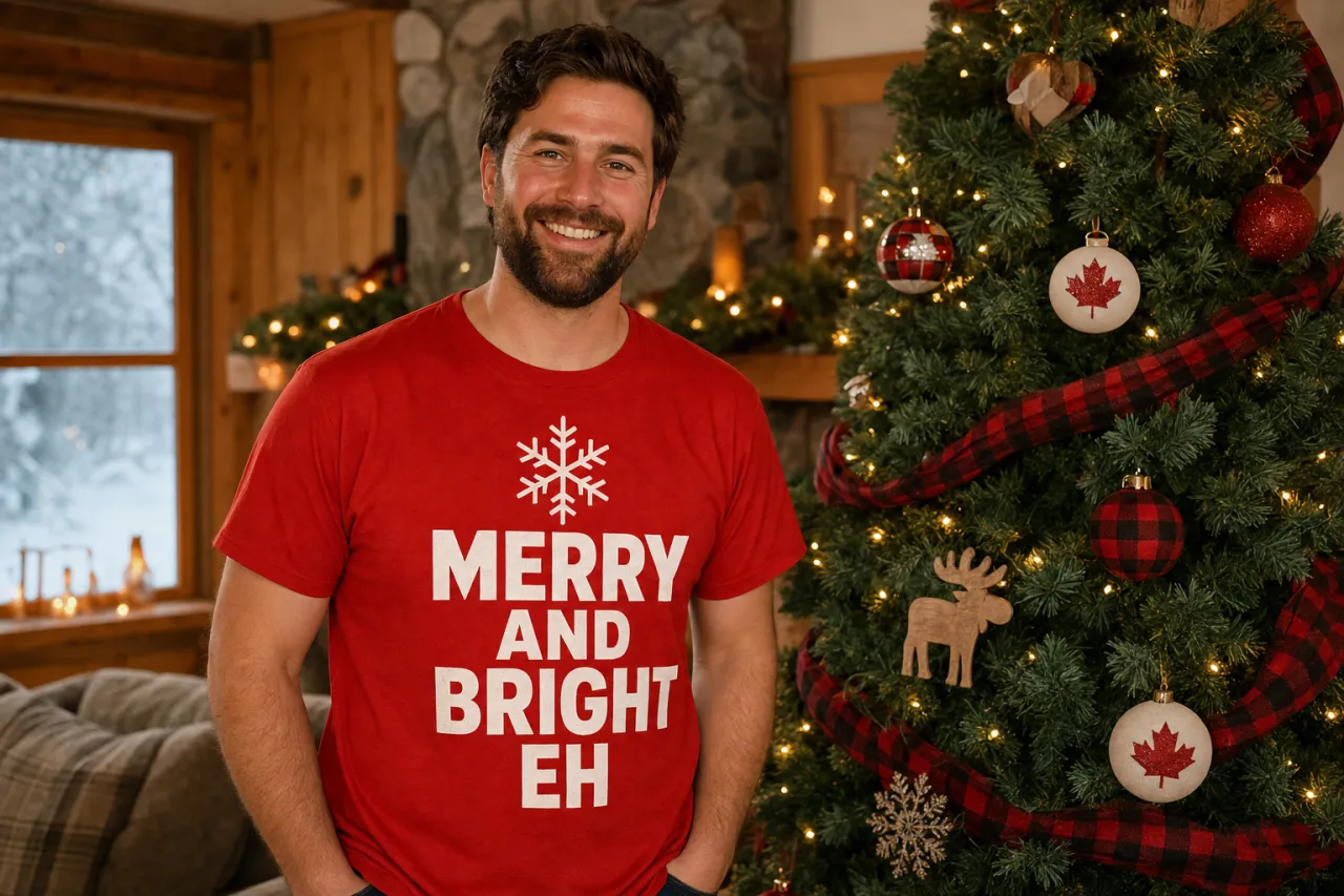 A cozy flat lay of a funny holiday t-shirt, toque, wrapping paper, and a mug on a wooden table in a Canadian home settin