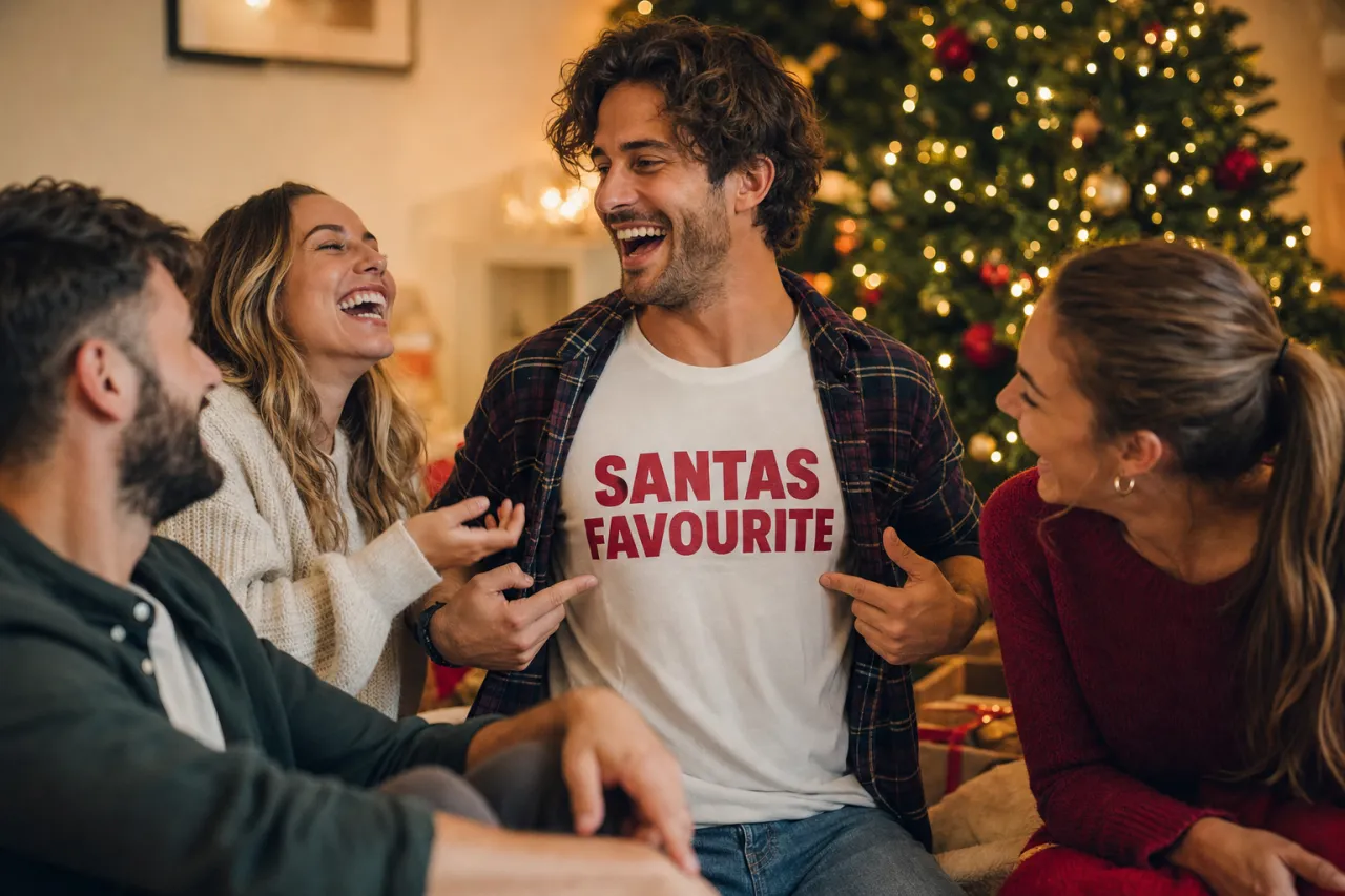 A small family Christmas gathering with one person wearing a witty holiday t-shirt that gets smiles instead of eye-rolls