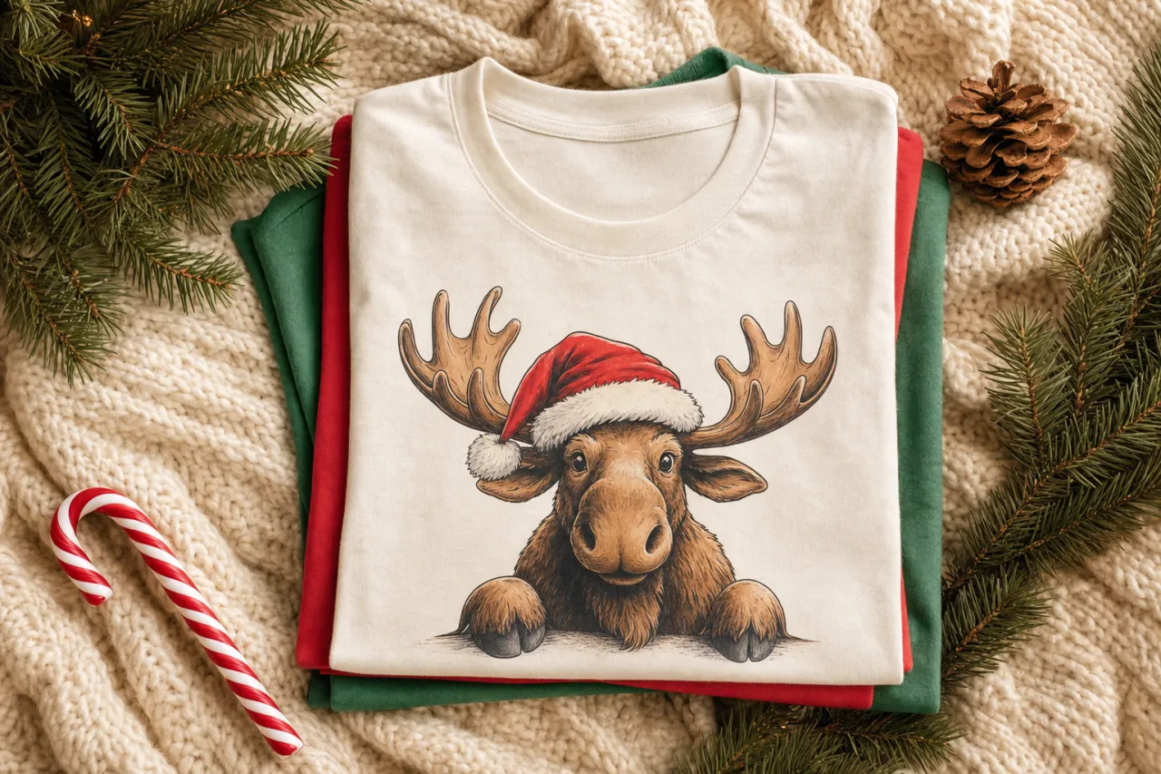 A stack of folded funny Canadian t-shirts beside holiday gift tags and a shipping box ready to go across Canada.
