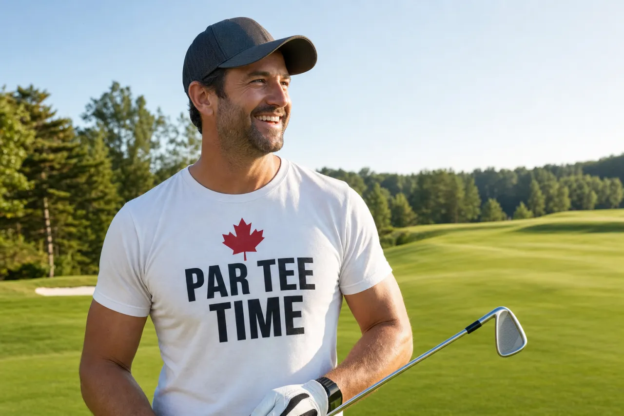 A frustrated golfer on a Canadian course staring at a short missed putt while friends try not to laugh nearby.