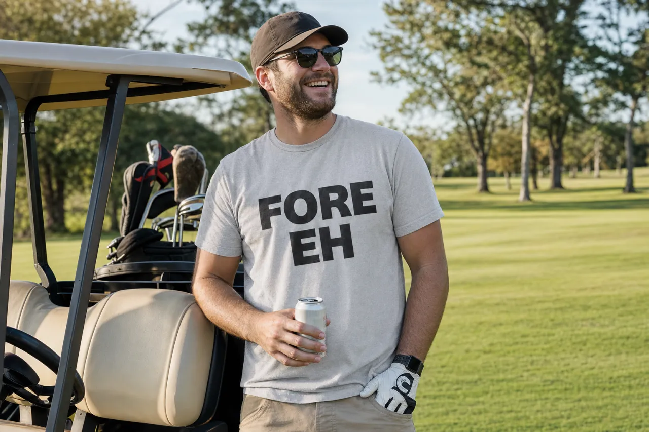 Three funny graphic t-shirts laid out beside a putter, golf glove, and scorecard on a clubhouse bench.