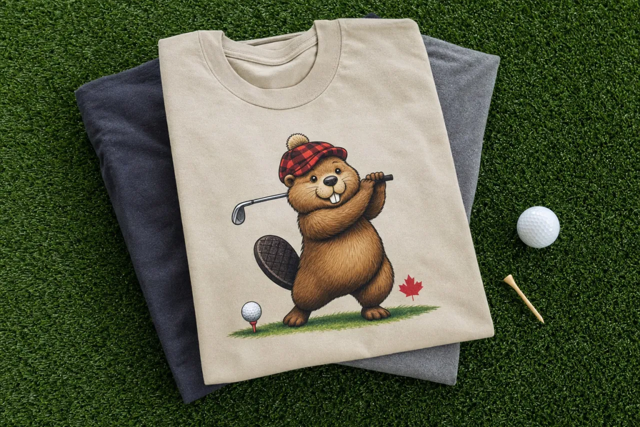 A printed t-shirt being packed for shipping in Alberta with golf accessories and a Canada-themed mailing box nearby.