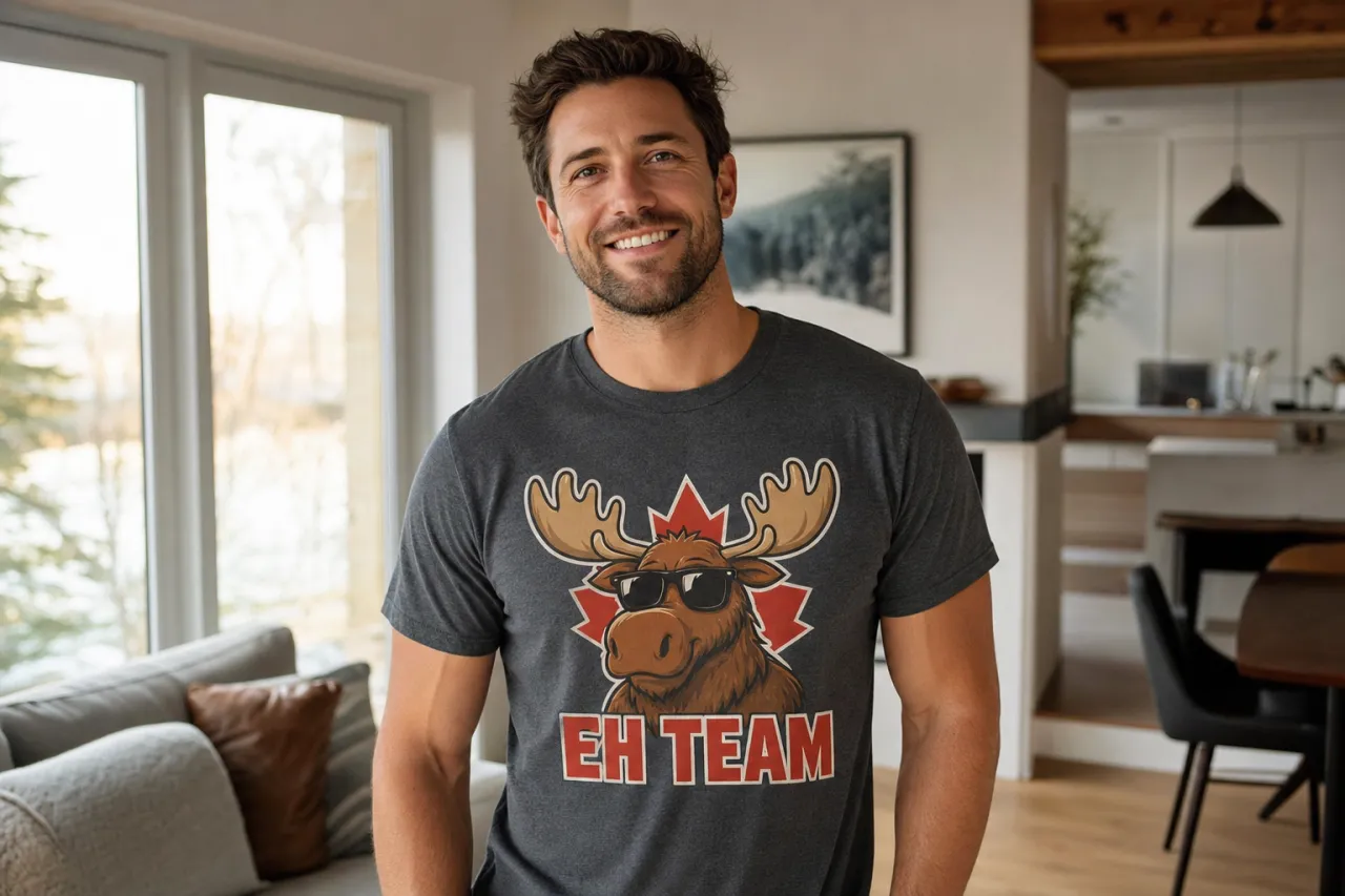 A relaxed Canadian guy in a clean funny graphic tee stands in a garage doorway looking presentable enough to head into t
