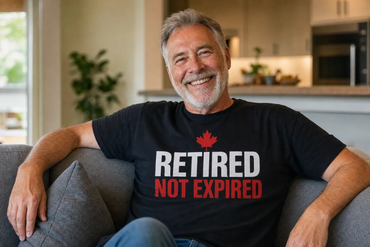 A retired tradesman in a funny t-shirt laughing beside a garage workbench with a coffee mug ignored in the background.