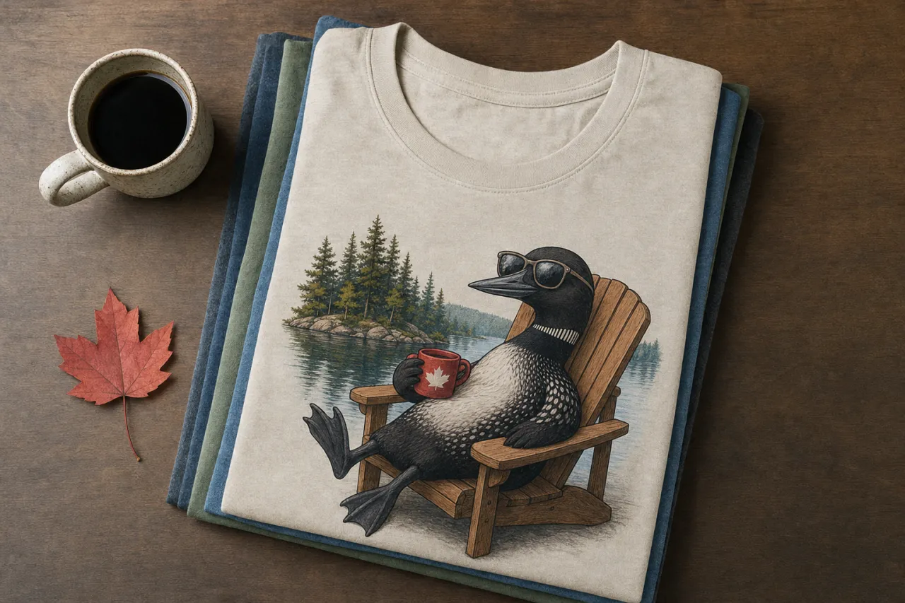 A packaged Alberta-printed t-shirt ready to ship with a Canada map, kraft mailer, and a handwritten thank-you card.
