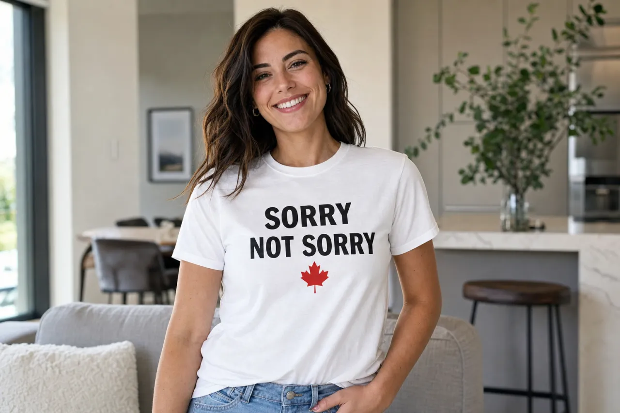 A woman in a casual graphic tee laughing over coffee at a bright Canadian kitchen table, with a subtle focus on the shir
