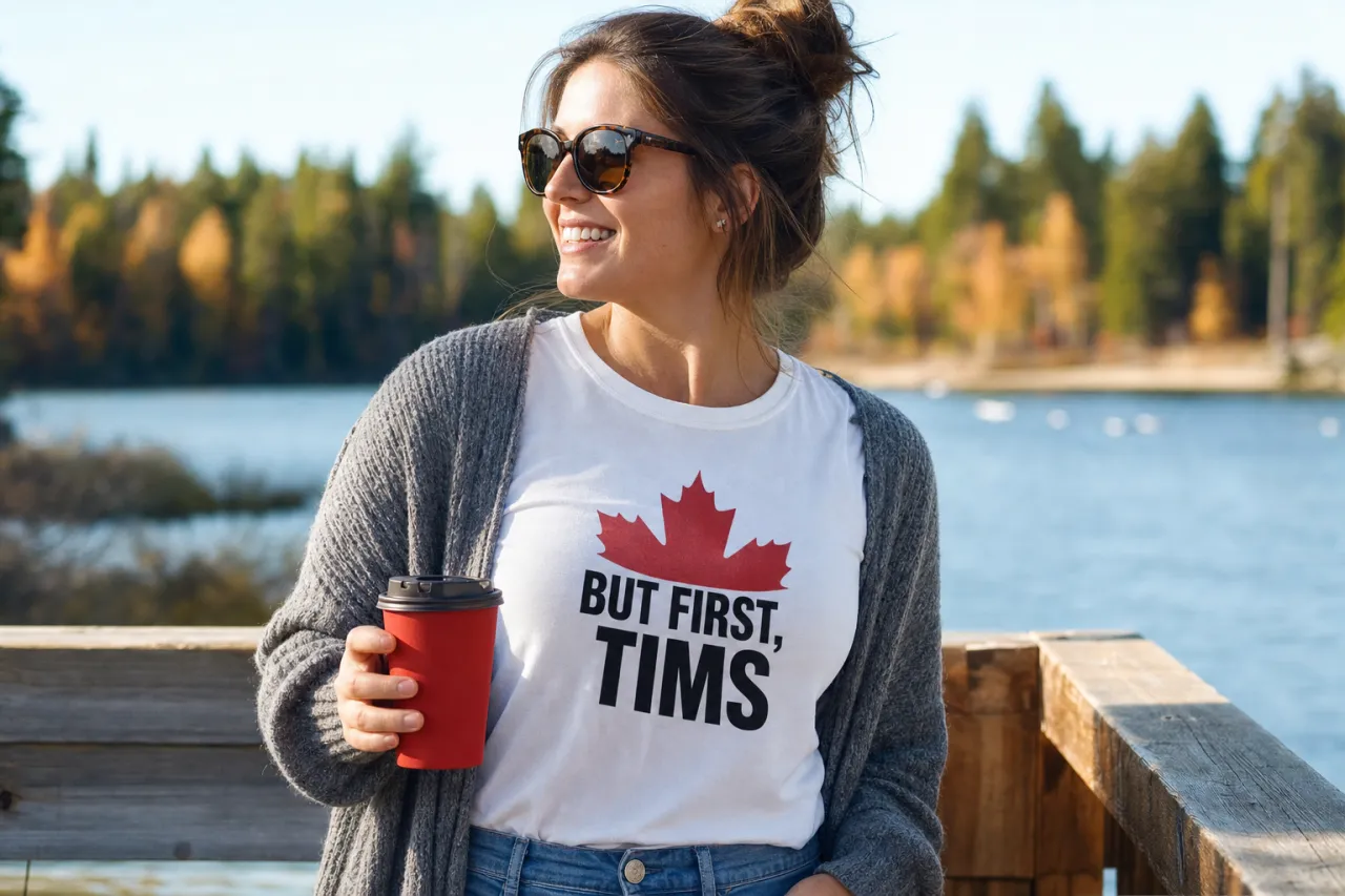 A neatly folded stack of funny graphic t-shirts on a wooden table with a small Alberta-made tag and warm natural light.