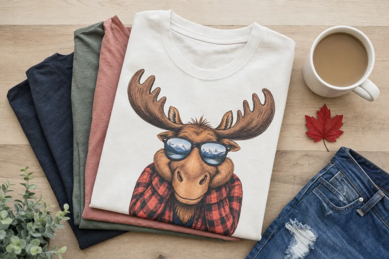A casual flat lay of jeans, sneakers, a plaid overshirt, and a witty women's graphic tee styled for an everyday Canadian