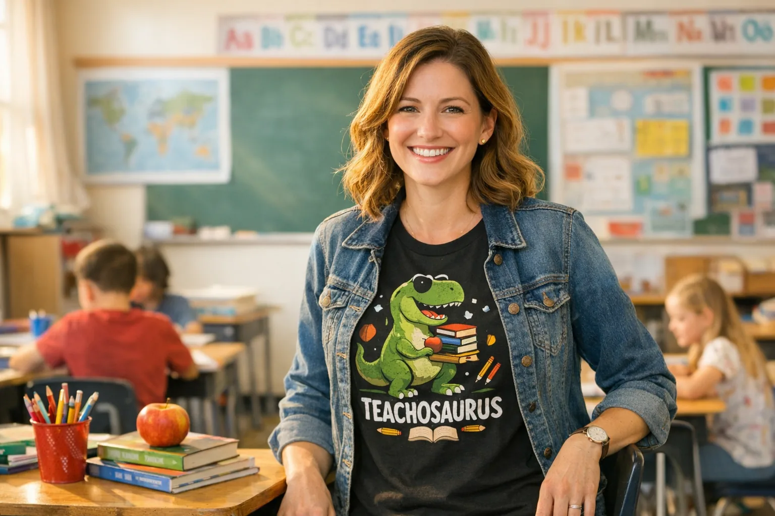 A smiling teacher wearing a witty graphic t-shirt in a classroom setting