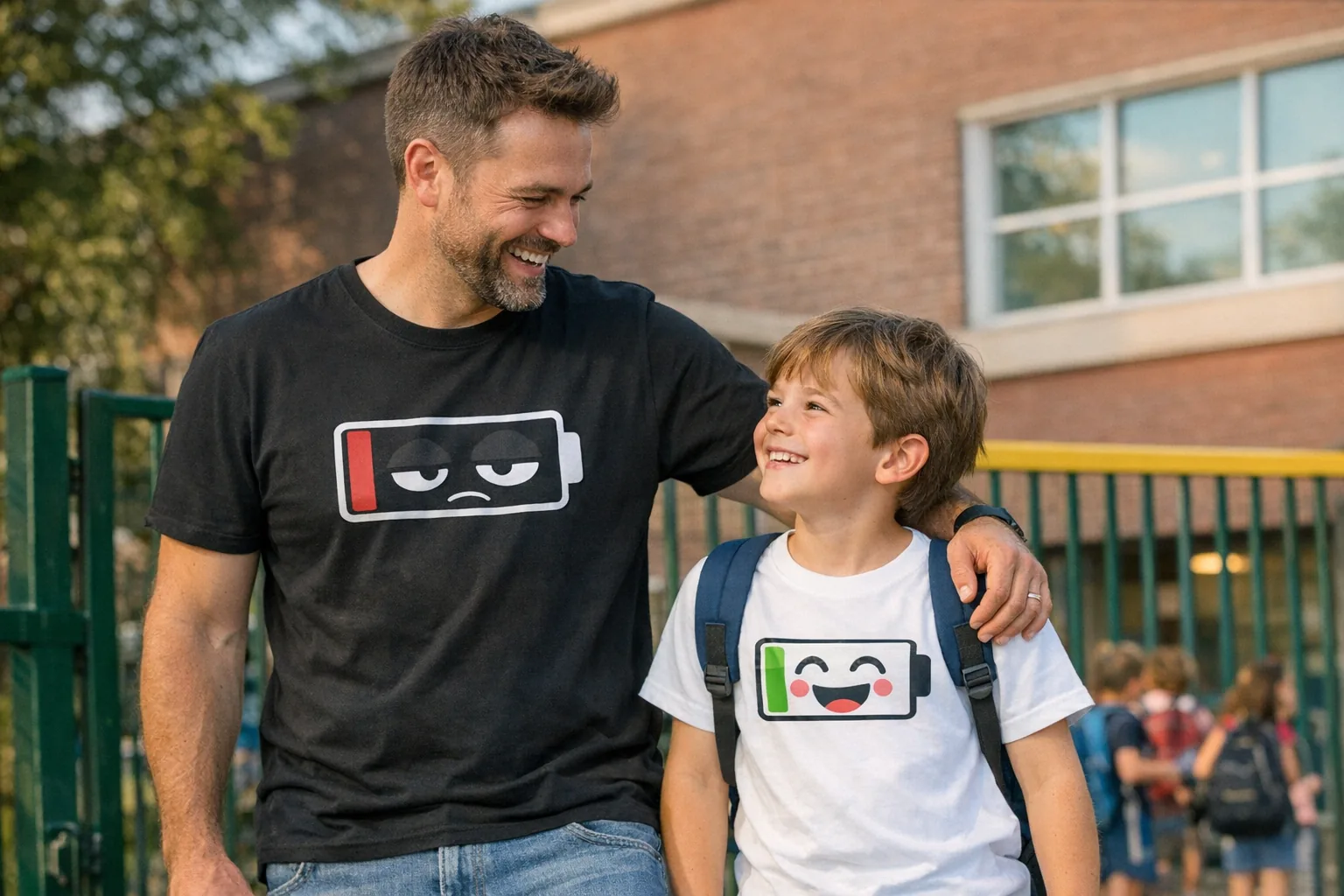 A parent and child smiling with matching funny t-shirts, standing in front of a school gate