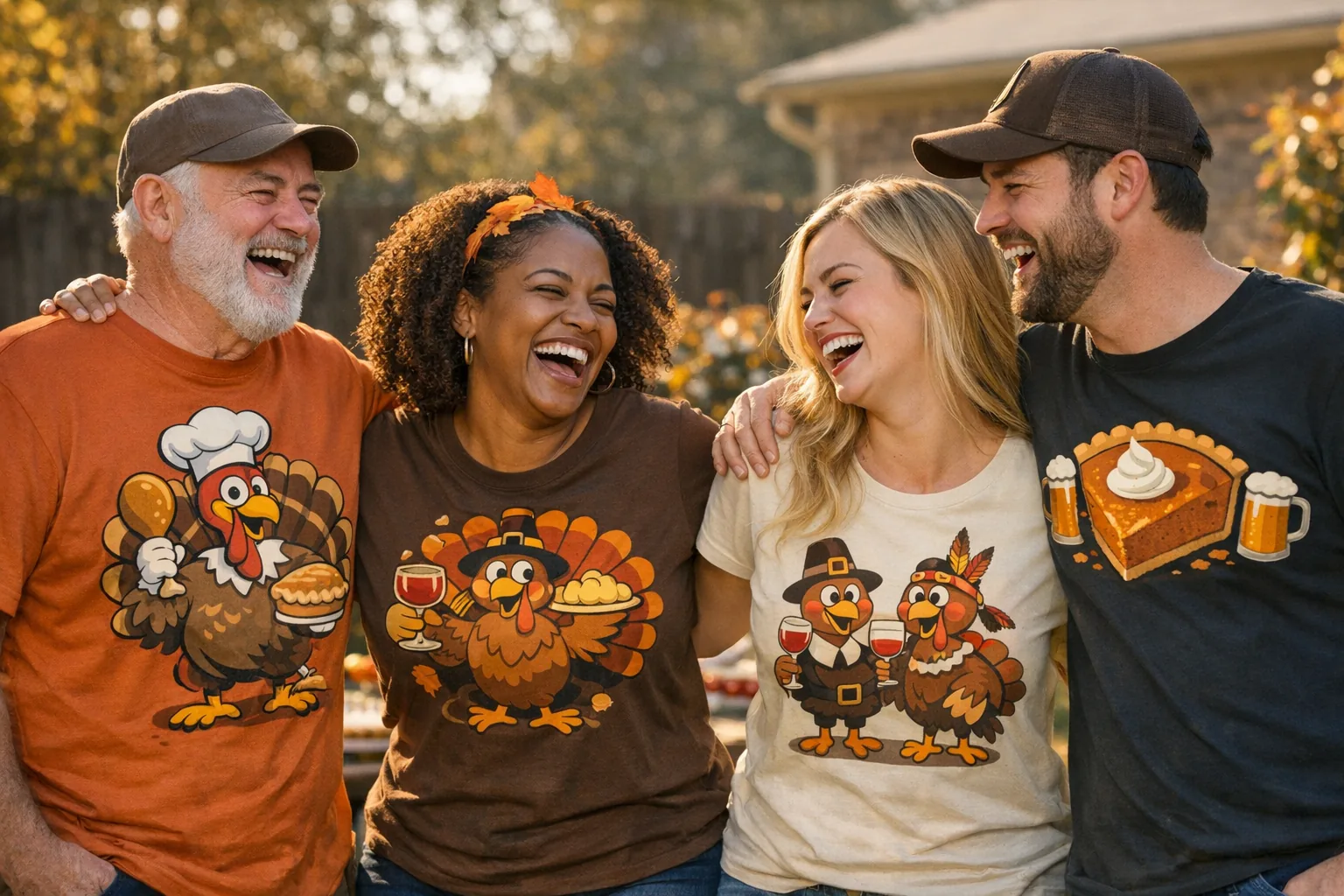 A group of people laughing together wearing funny thanksgiving shirts