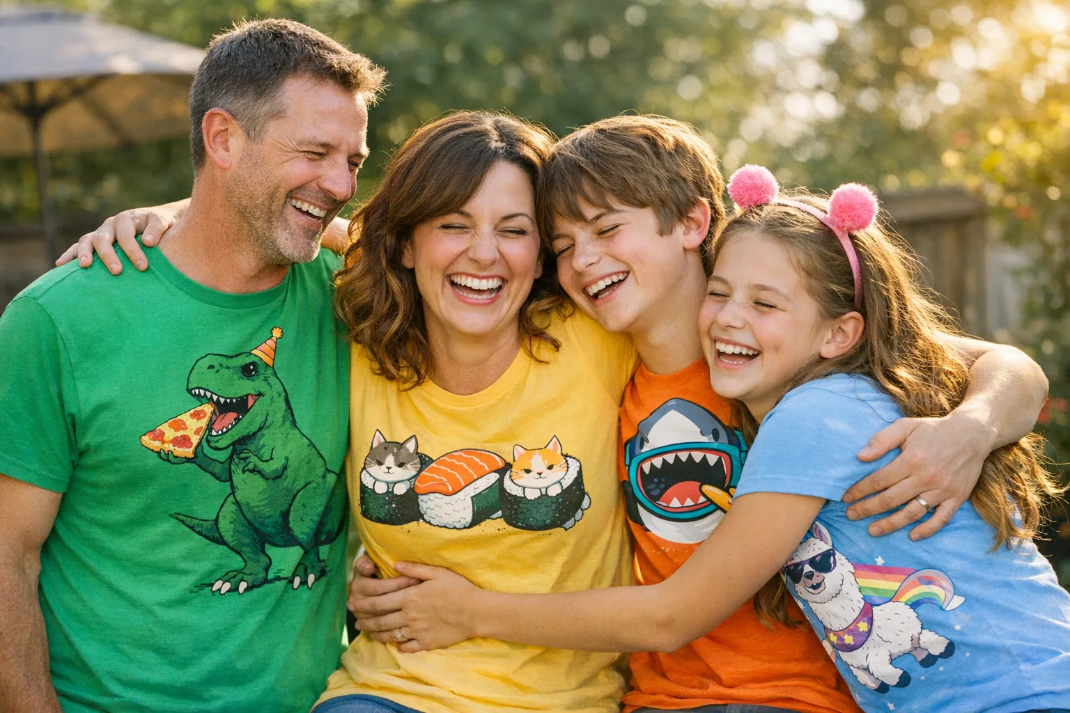 A family hugging and laughing, all wearing different funny t-shirts