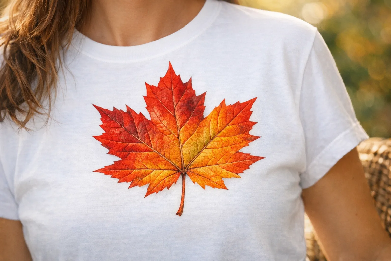 Close-up of a maple leaf on a t-shirt