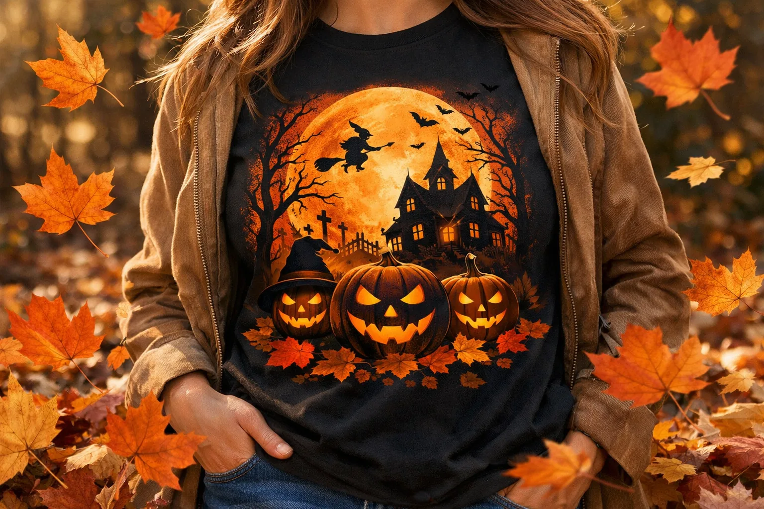 Halloween-themed shirt with autumn leaves around