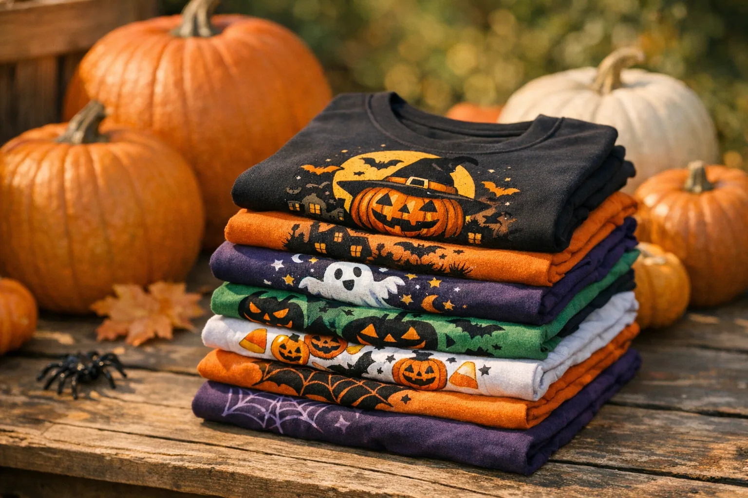 A stack of colourful Halloween-themed t-shirts with pumpkins in the background