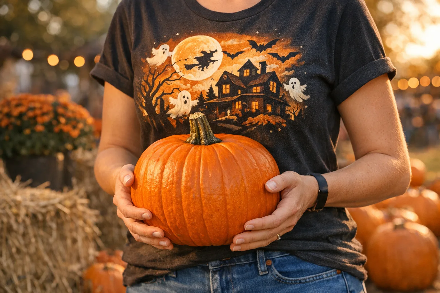 Person wearing a Halloween-themed t-shirt holding a pumpkin
