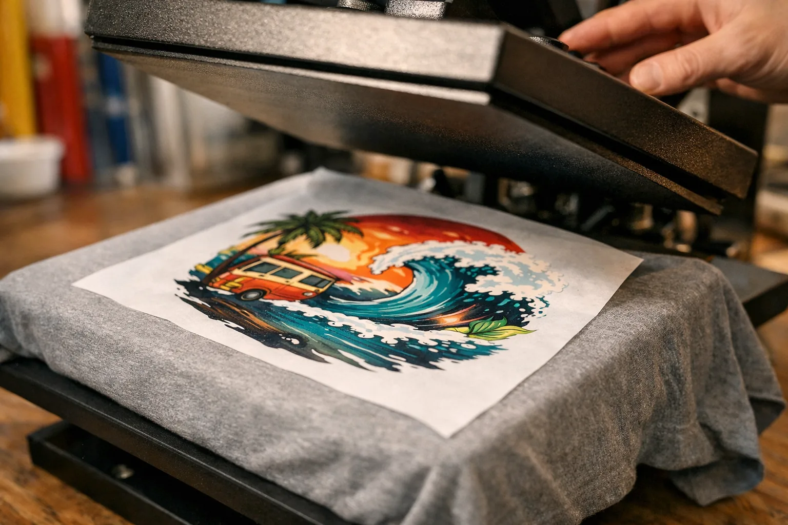 A close-up of a t-shirt print being pressed onto fabric