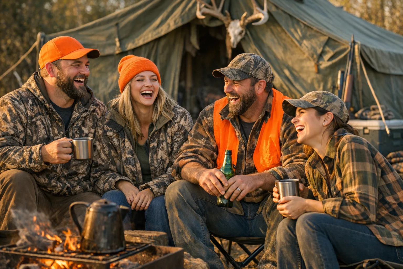 A group of friends laughing while sitting in a hunting camp