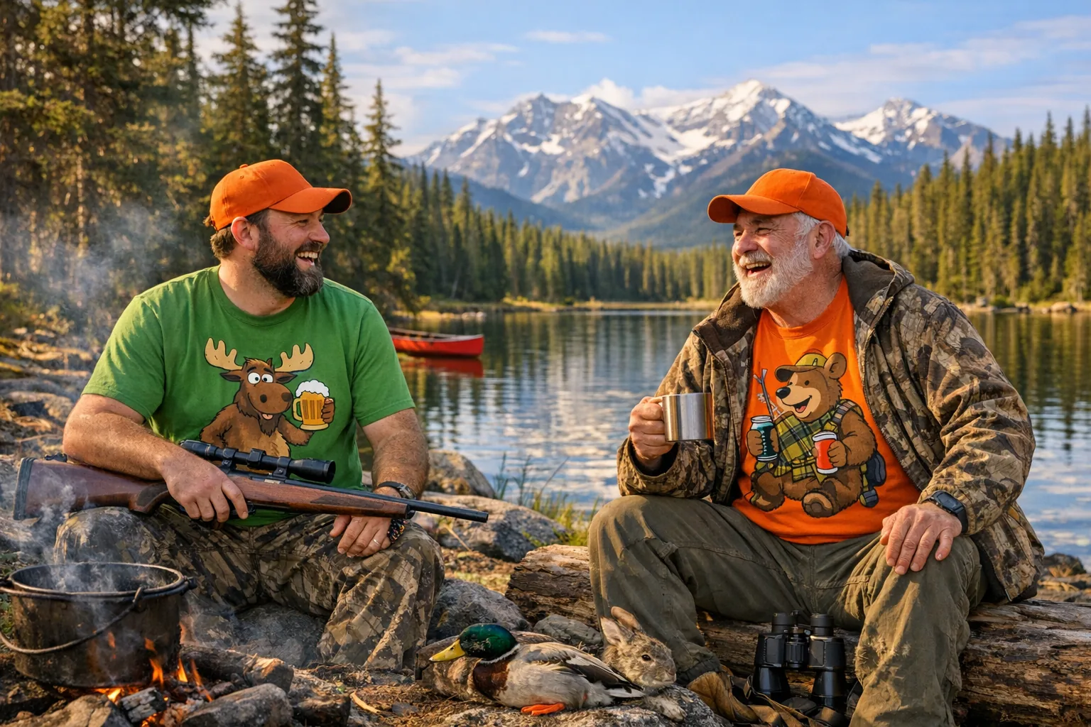 A Canadian wilderness scene with hunters wearing humorous shirts