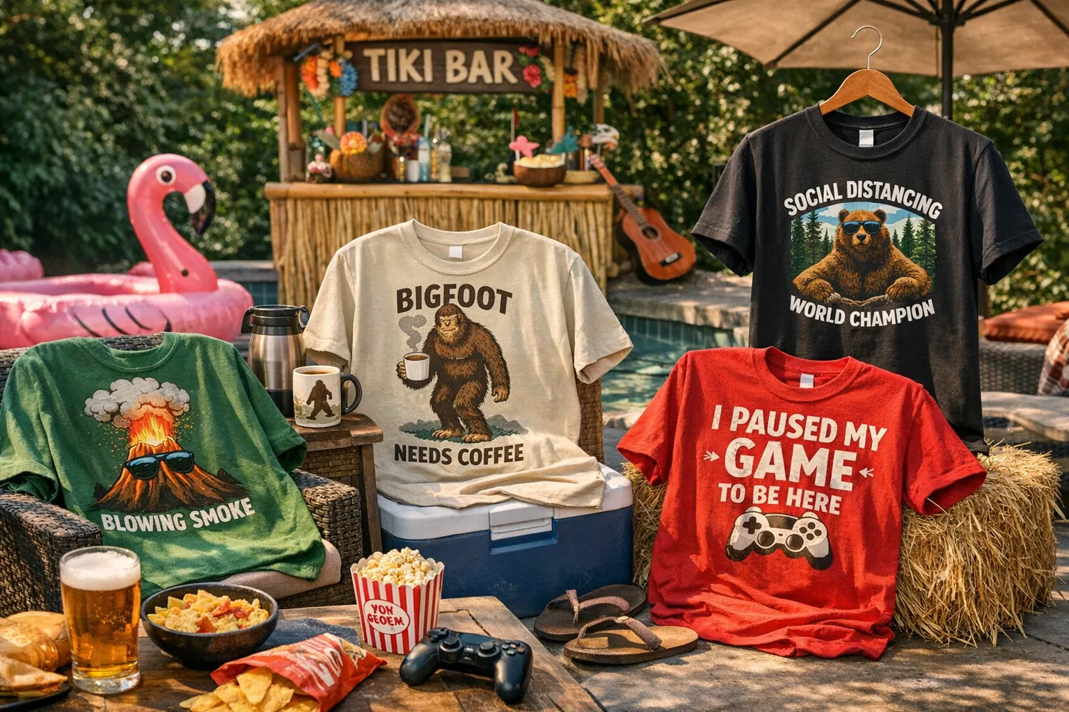 A selection of FunnyTees.ca shirts displayed in a humorous setting