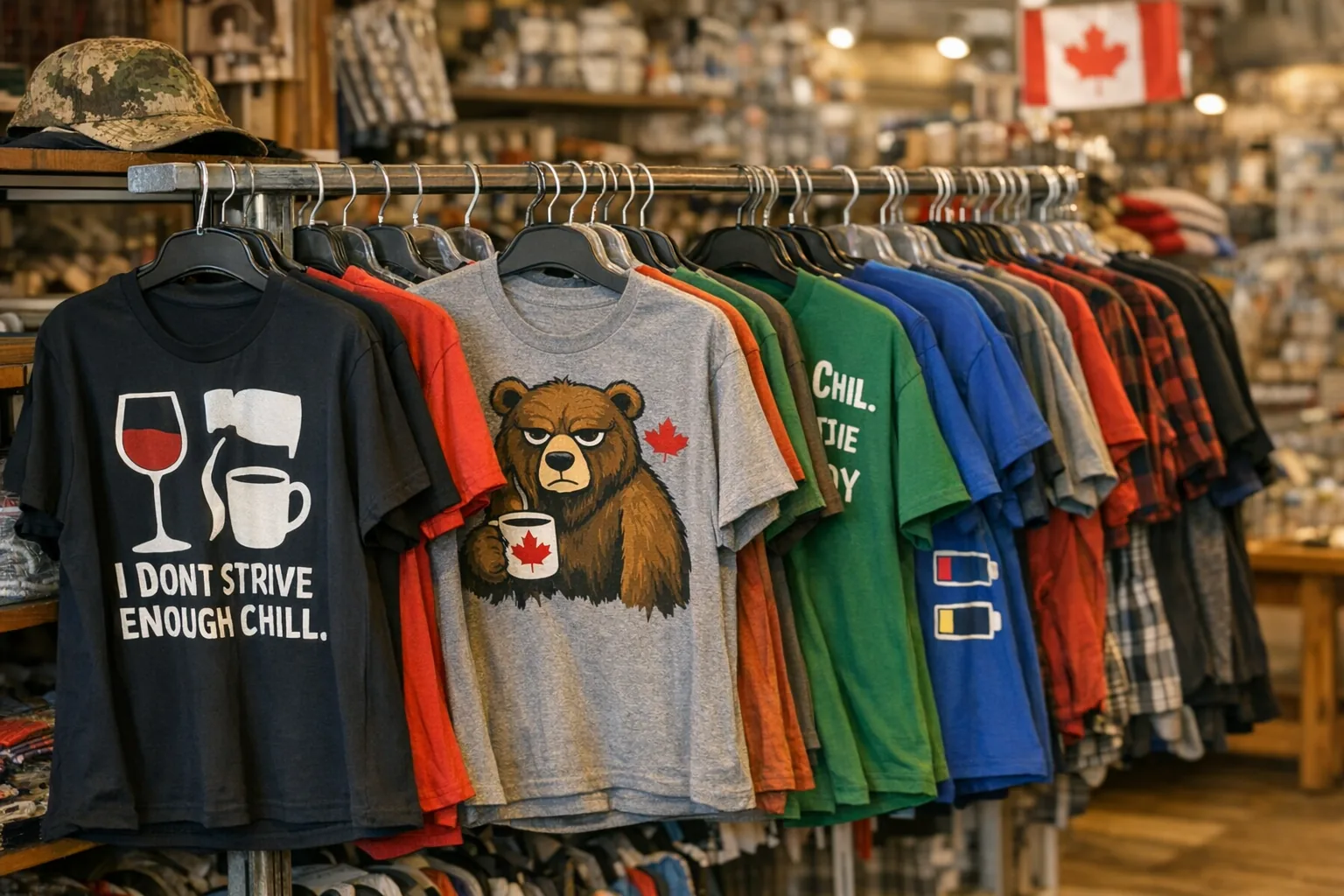 A rack of funny sarcastic shirts in a Canadian store