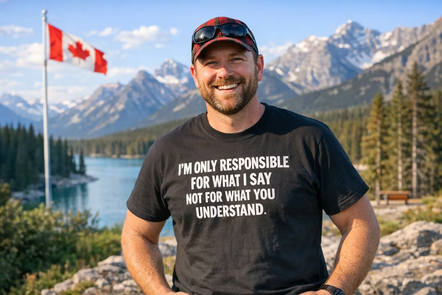Someone proudly wearing a sarcastic t-shirt in a Canadian landscape