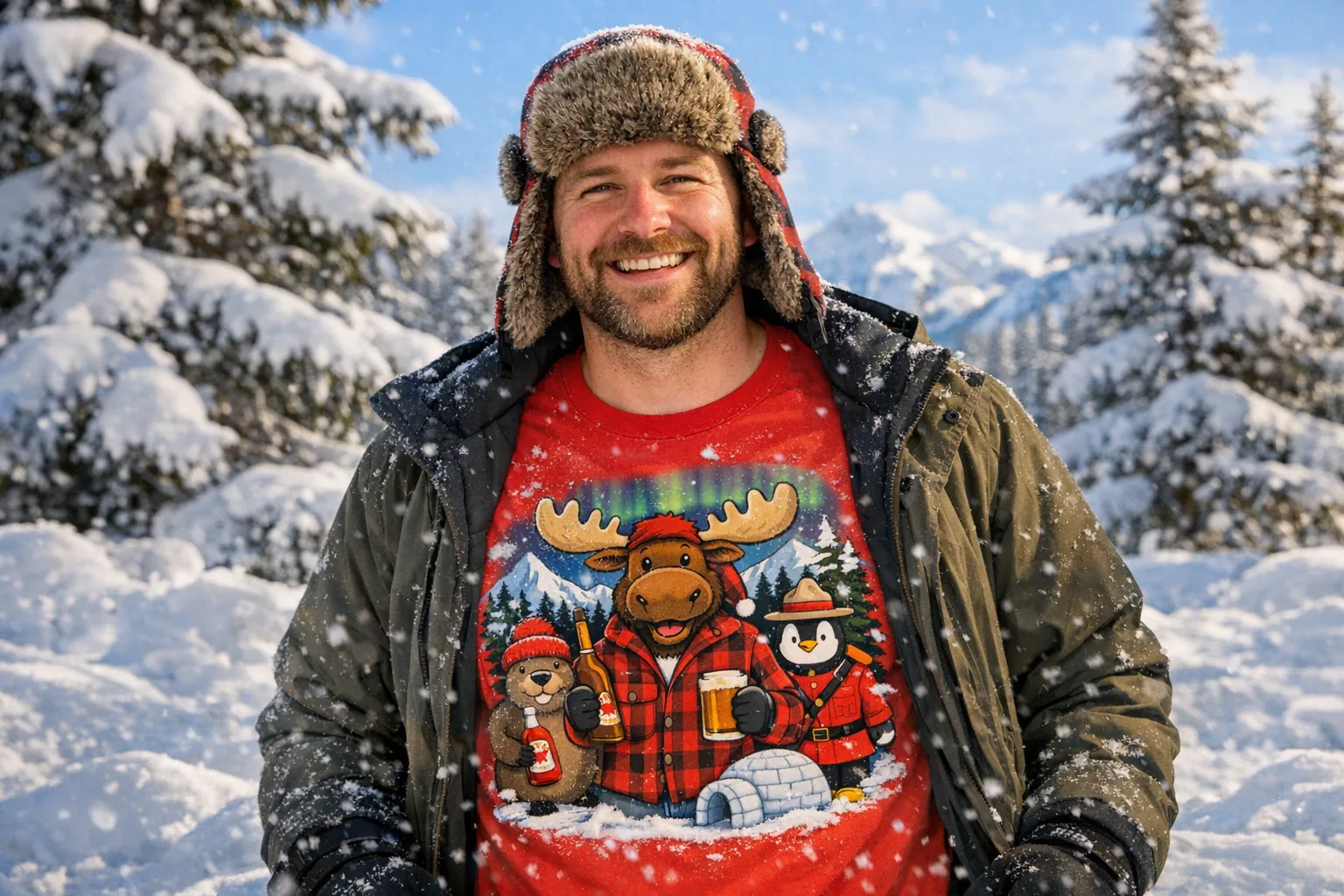 Person wearing a funny winter Canadian t-shirt while surrounded by snow