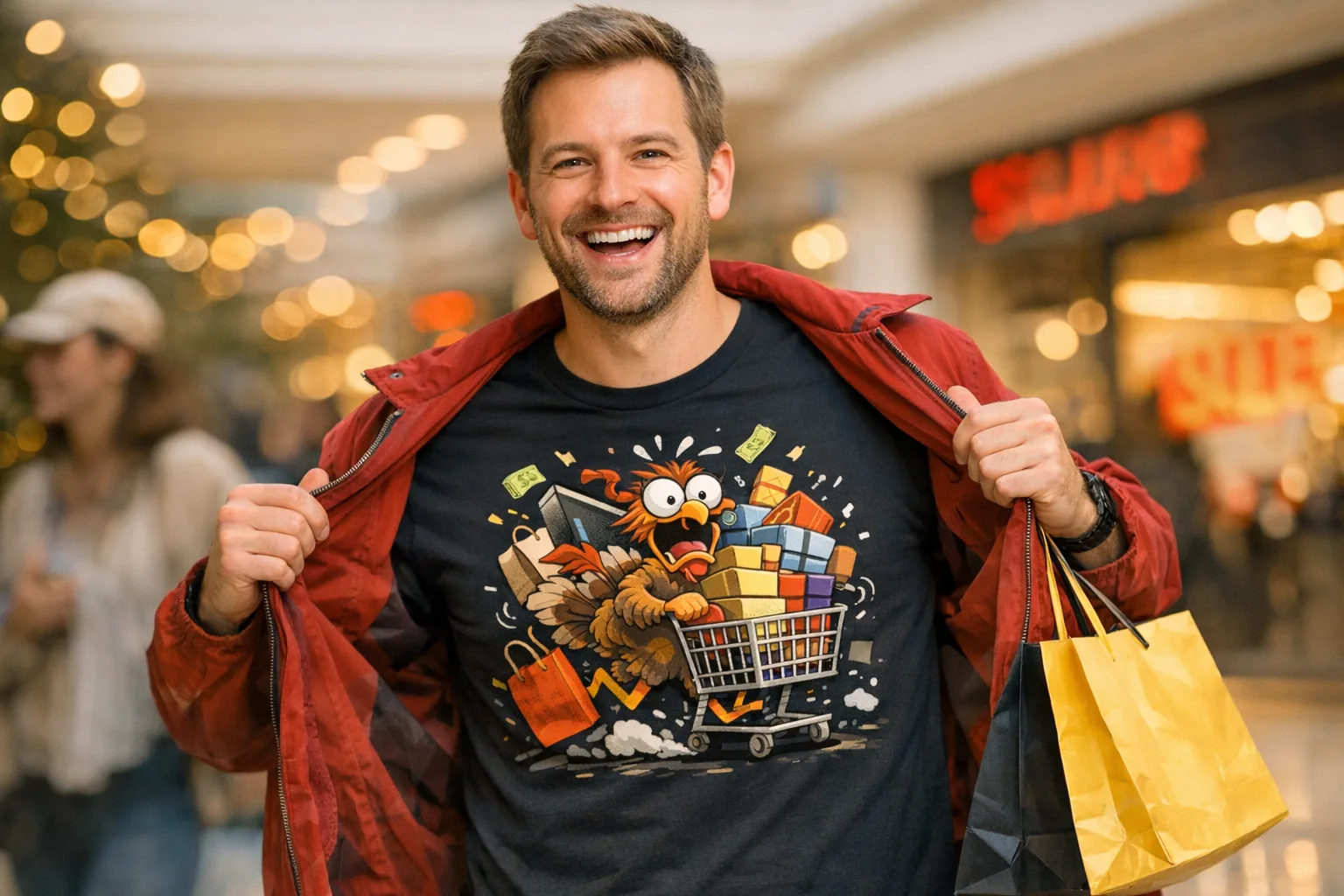Customers laughing while checking out funny T-shirts at a local store