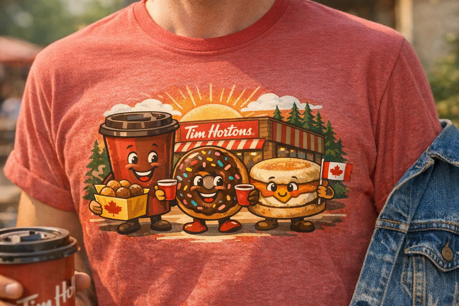 Close-up of a Tim Hortons themed funny t-shirt