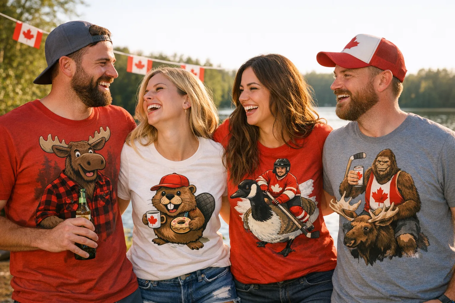 Group of friends wearing Canadian-themed funny t-shirts
