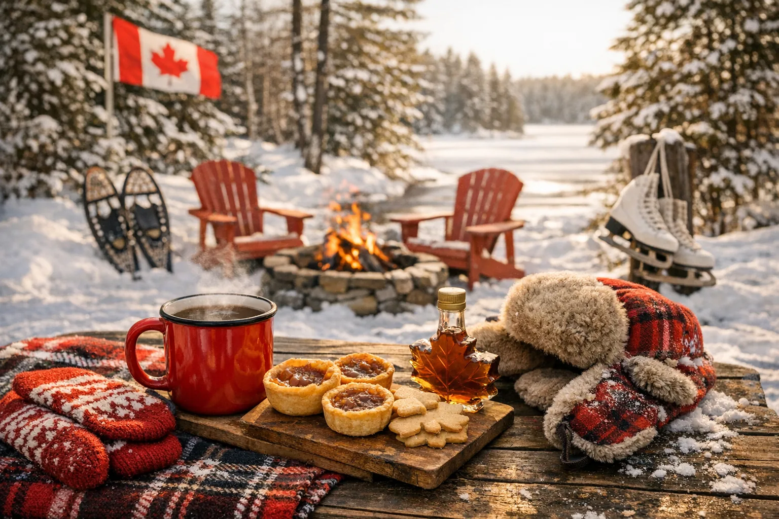 A cozy Canadian winter scene set against a snowy background