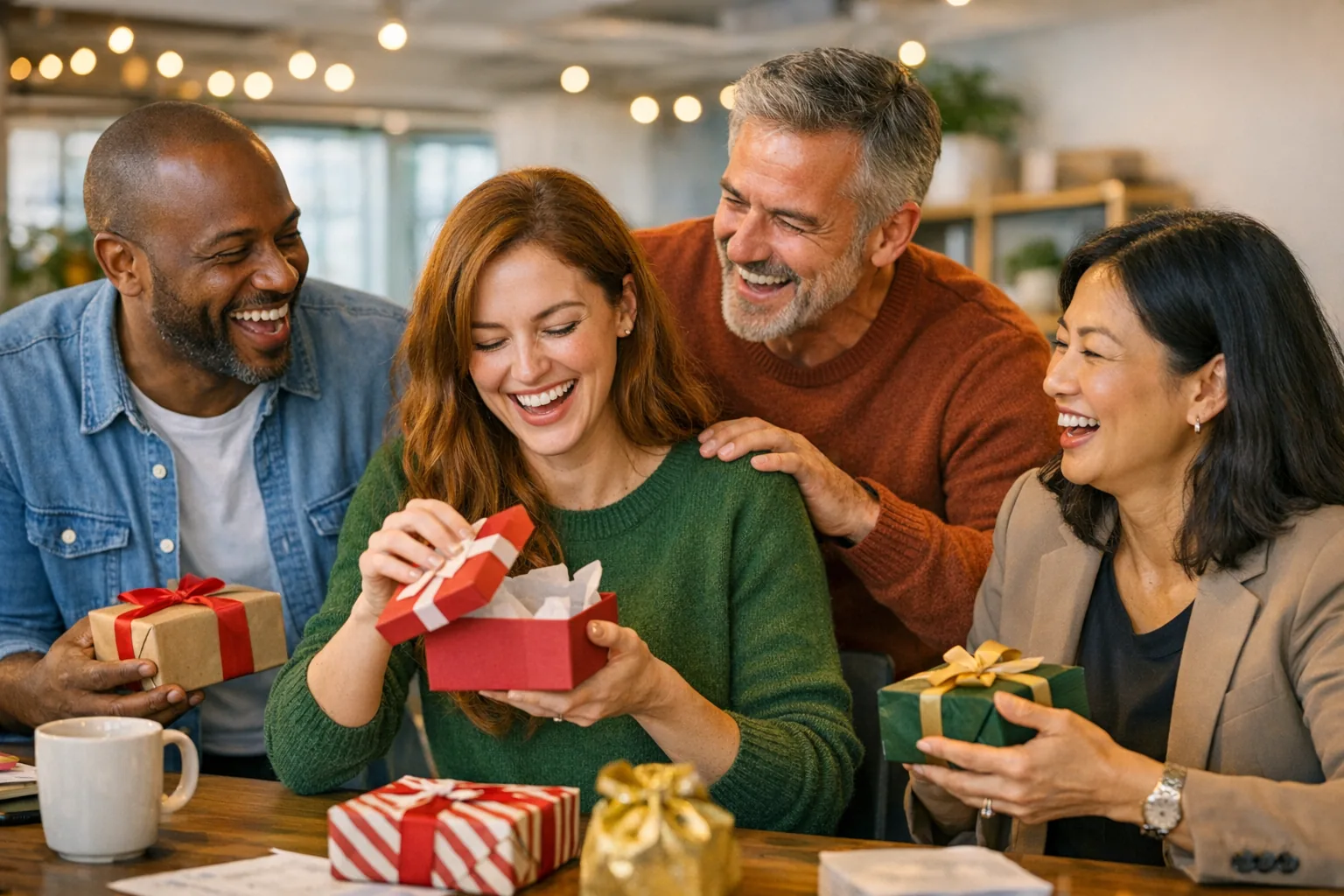 A group of coworkers laughing and interacting during a gift exchange