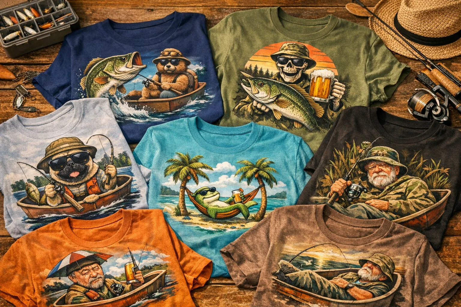 A collection of funny fishing shirts laid out on display