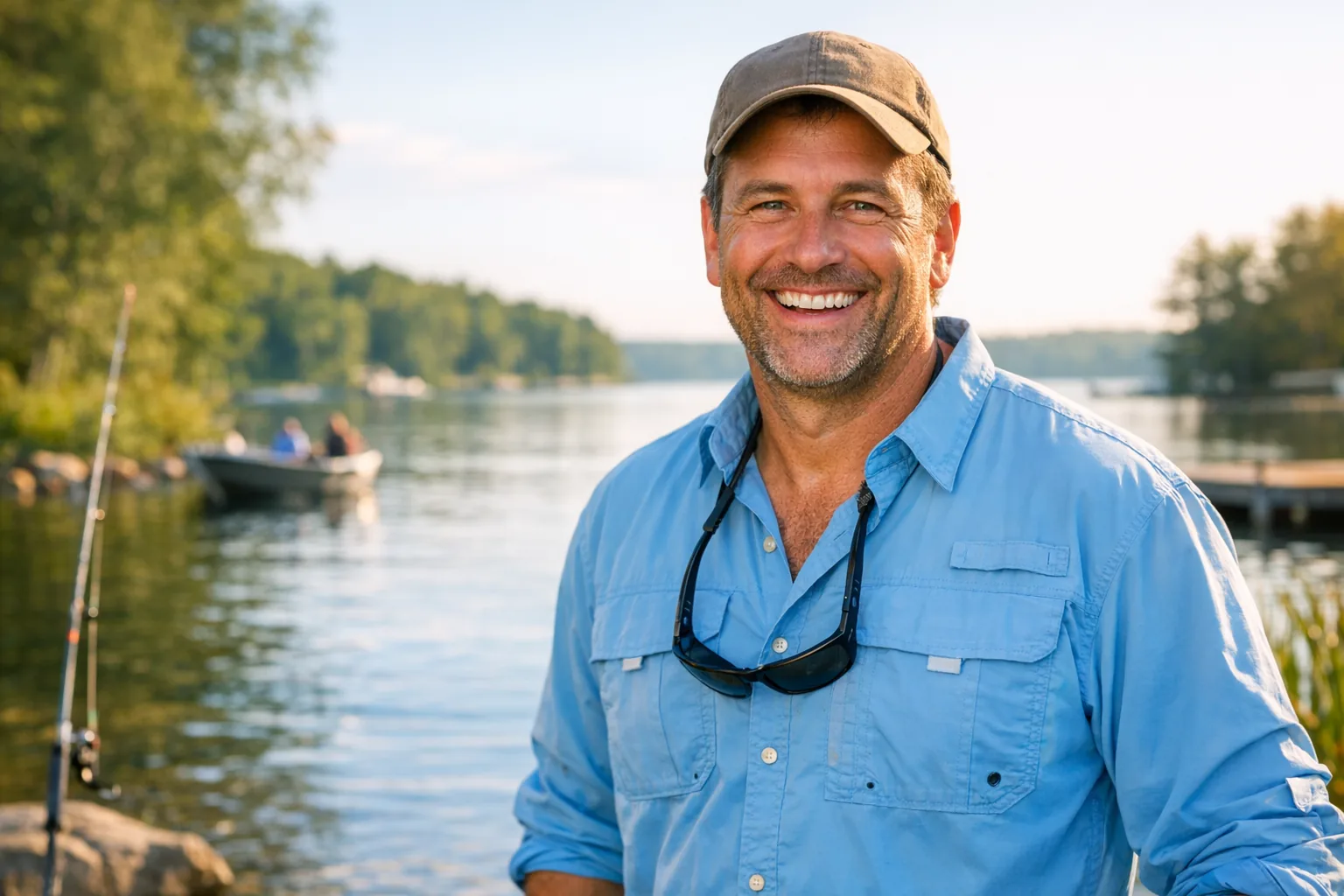 A dad smiling broadly in a fishing shirt while standing by a lake