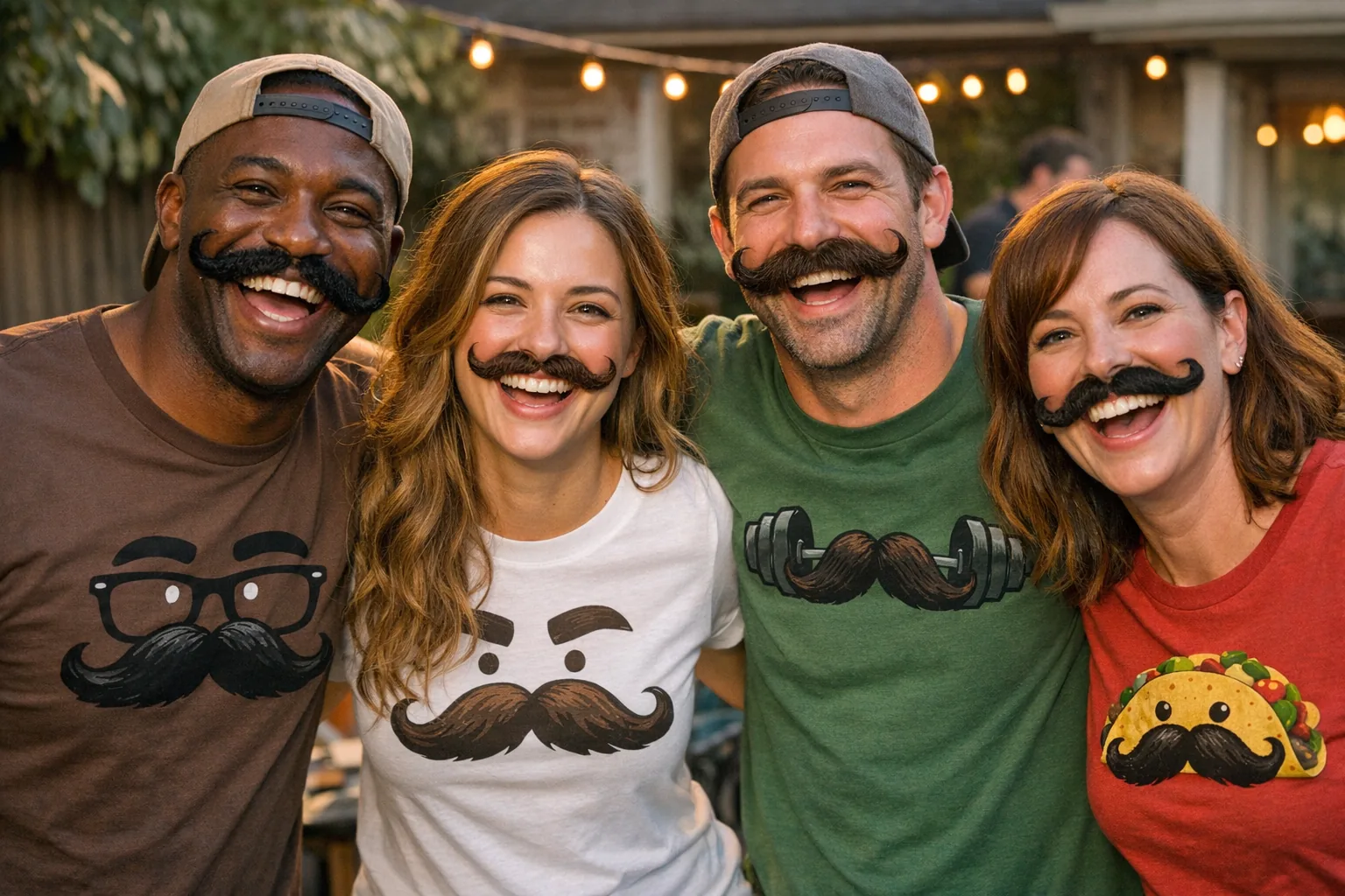 A group of friends wearing humorous Movember t-shirts, all sporting exaggerated mustaches