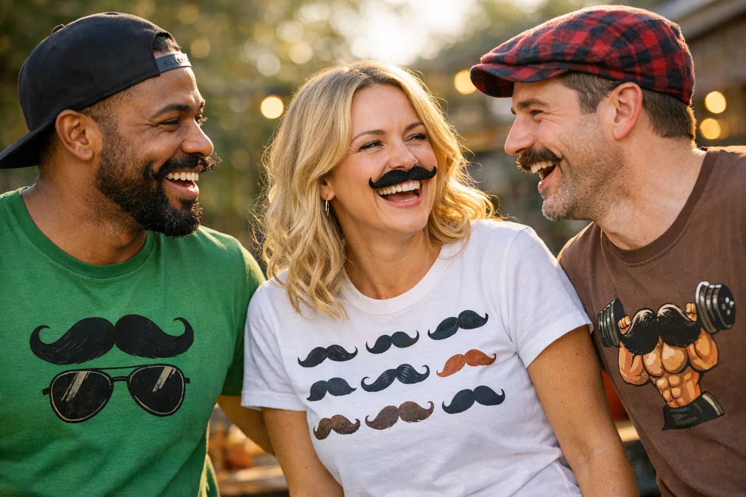 A close-up of a joyful group conversation inspired by funny Movember shirts
