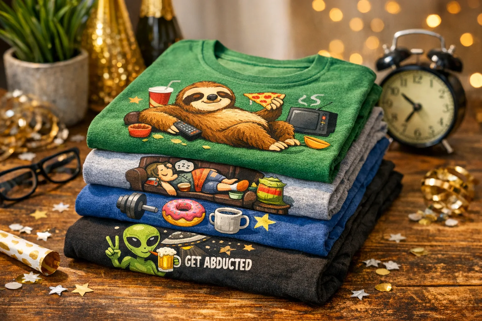 A stack of funny New Year’s resolution-themed shirts