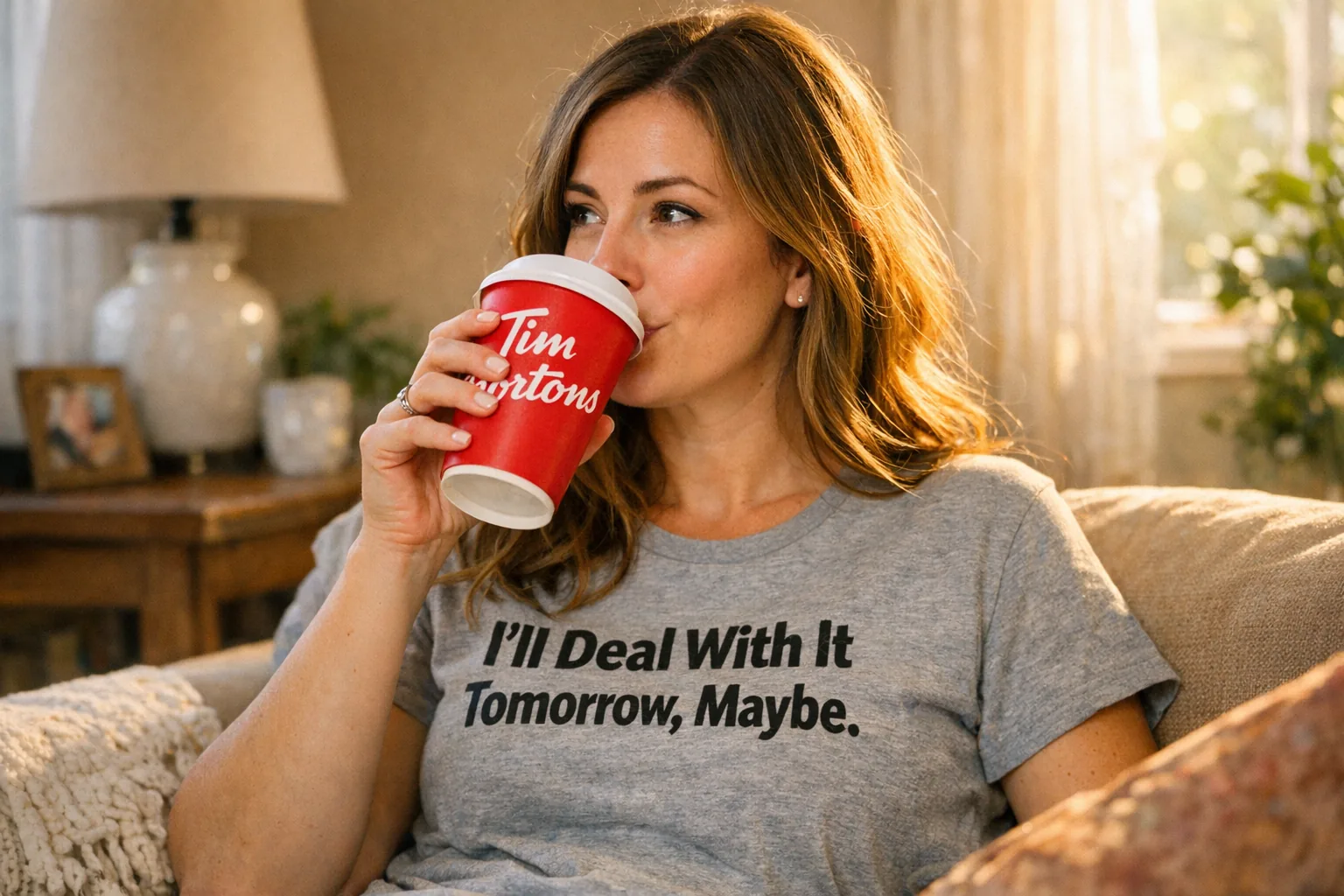 Person sipping Tim Hortons coffee wearing a ‘I’ll Deal With It Tomorrow, Maybe’ shirt