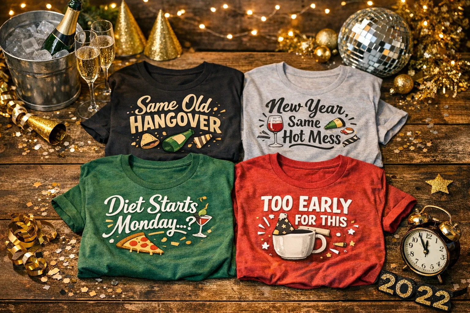 New Year’s themed t-shirt display with humorous slogans
