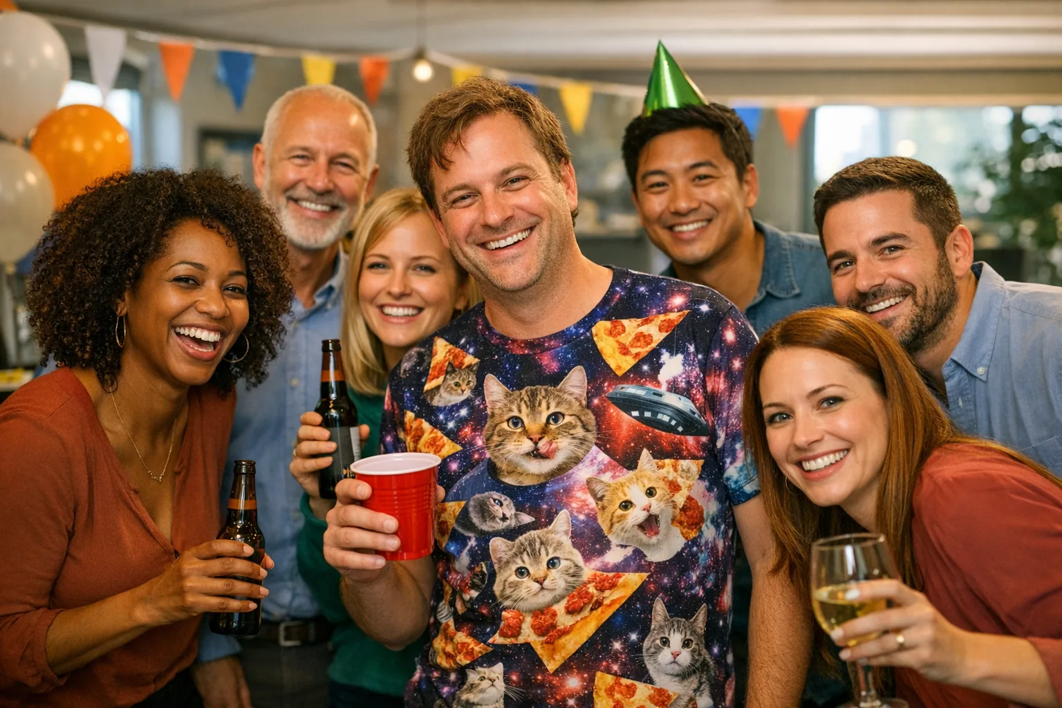 Group photo at an office party with a person wearing a funny shirt