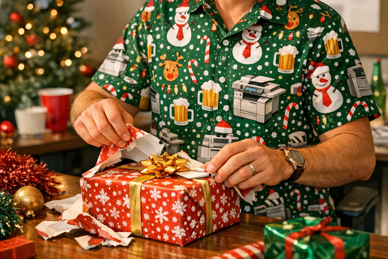 Detail of someone opening a gift, wearing a funny office Christmas party shirt